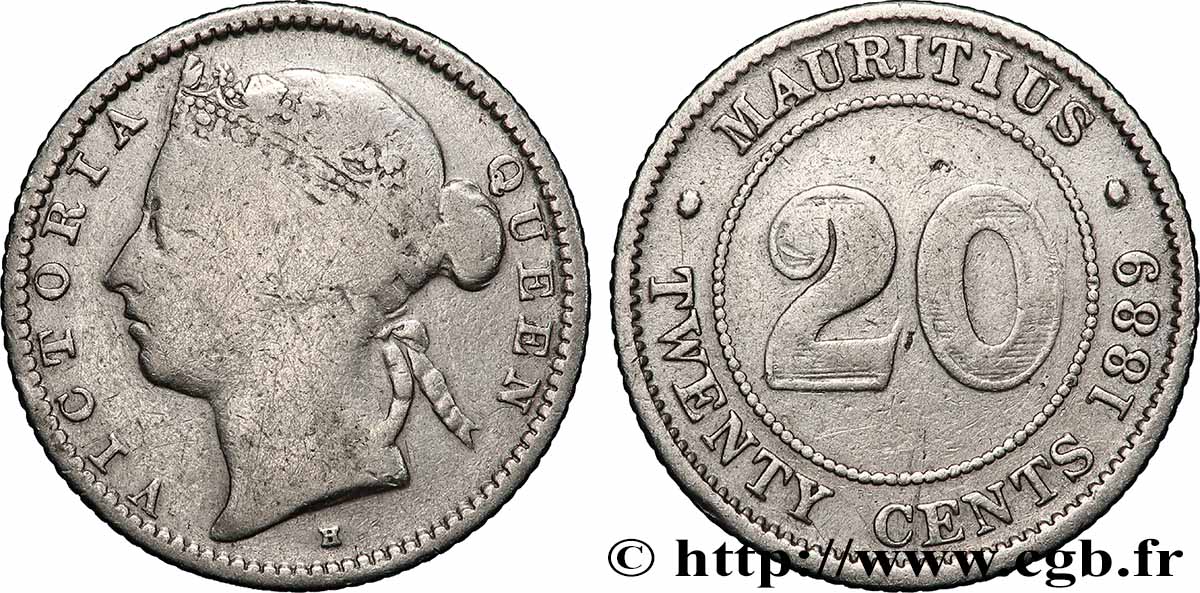 ÎLE MAURICE 20 Cents Victoria 1889 Heaton TB