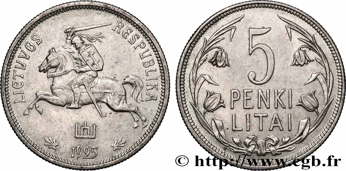 LITHUANIA 5 Litai chevalier Vitis 1925 Londres XF