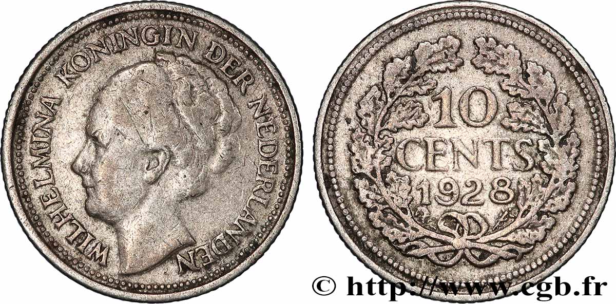 NETHERLANDS 10 Cents Reine Wilhelmine 1928 Utrecht XF