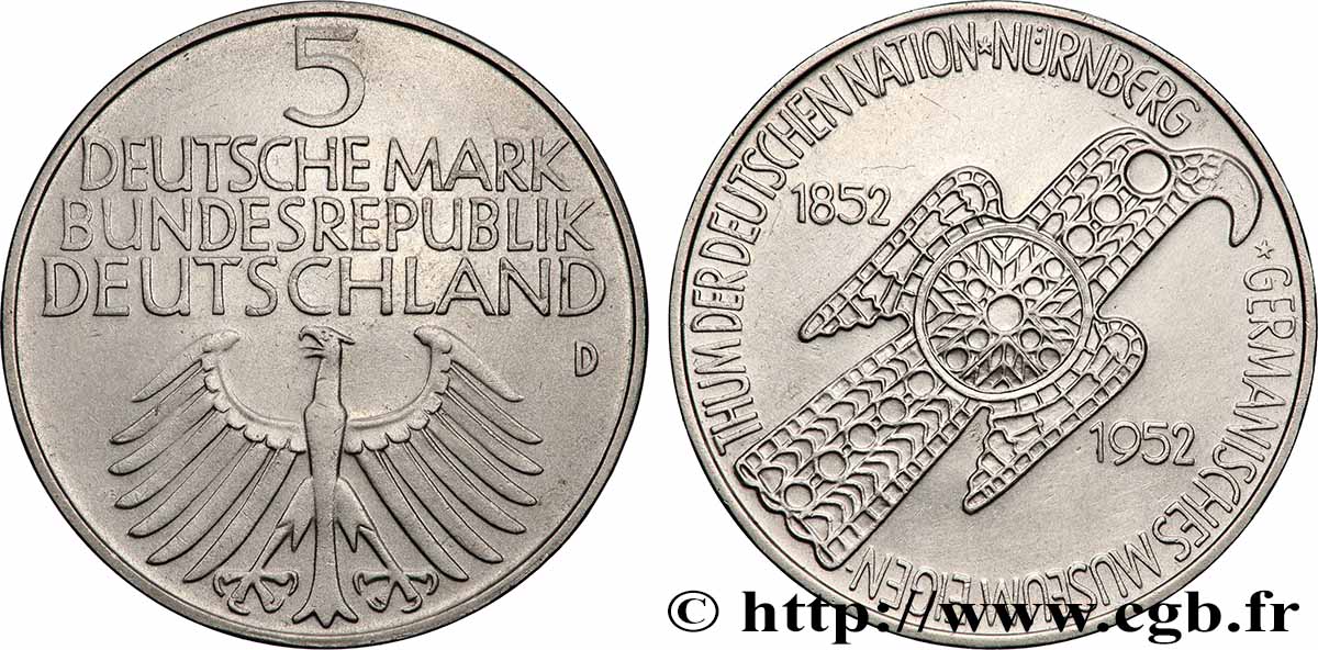 DEUTSCHLAND 5 Mark Musée national germanique de Nuremberg 1952 Munich VZ