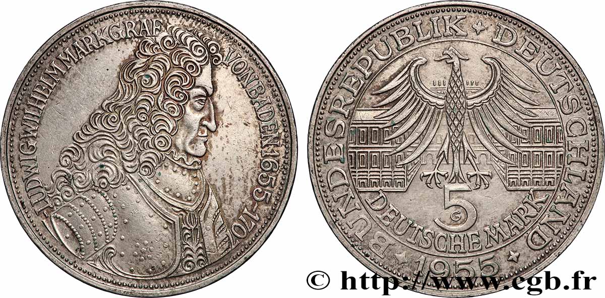 ALLEMAGNE 5 Mark Markgrafe Ludwig Wilhelm von Baden 1955 Karslruhe SUP