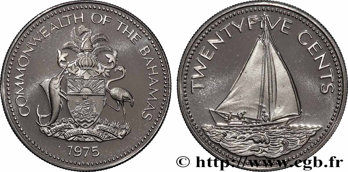 BAHAMAS 25 Cents Proof sloop 1975 Franklin Mint FDC