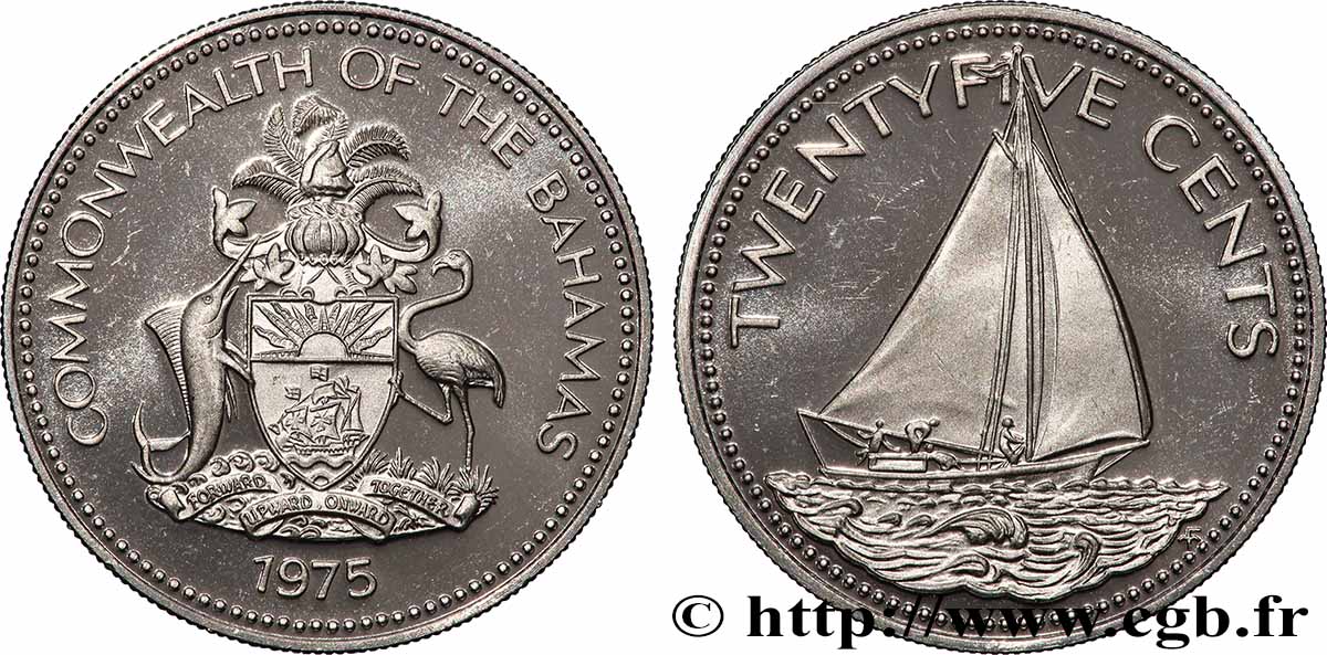 BAHAMAS 25 Cents Proof sloop 1975 Franklin Mint FDC