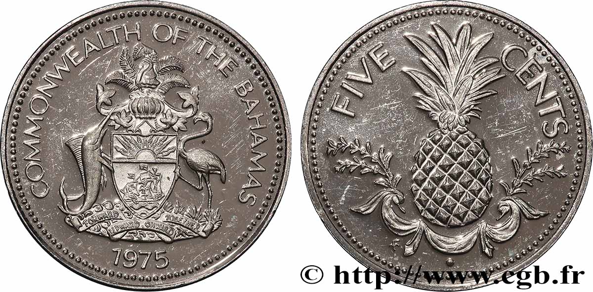 BAHAMAS 5 Cents Proof emblème / ananas 1975 Franklin Mint MS