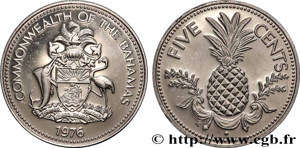 BAHAMAS 5 Cents Proof emblème / ananas 1976 Franklin Mint MS