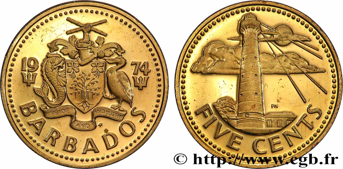 BARBADOS 5 Cents Proof Phare de South Point 1974 Franklin Mint SC