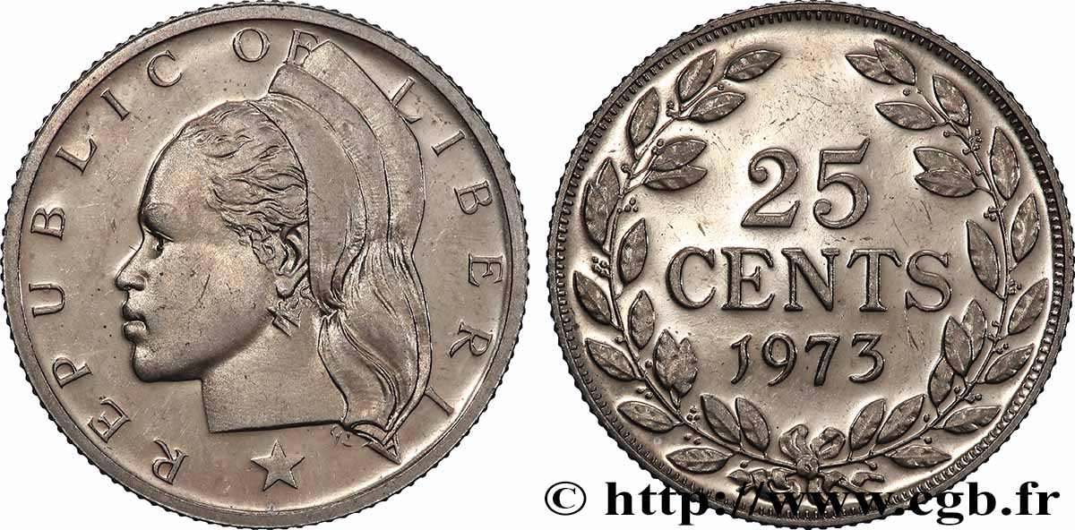 LIBERIA 25 Cents Proof femme africaine 1973 San Francisco AU