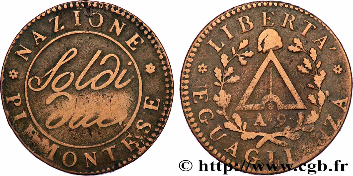 ITALIE - RÉPUBLIQUE PIÉMONTAISE 2 Soldi Piemont an 9 1801 TTB