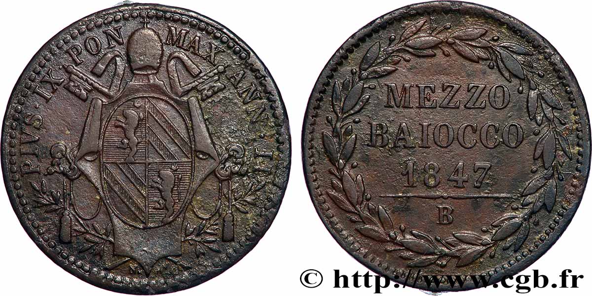 ITALY - PAPAL STATES - PIUS IX (Giovanni Maria Mastai Ferretti) 1/2 (Mezzo) Baiocco Pie IX an II 1847 Rome XF