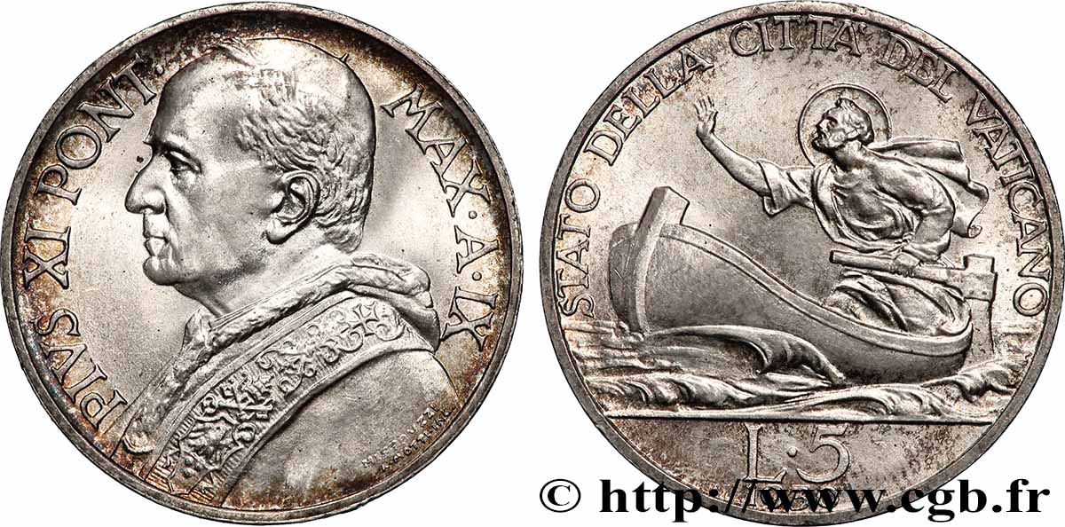 VATIKANSTAAT UND KIRCHENSTAAT 5 Lire Pie XI an IX 1930 VZ