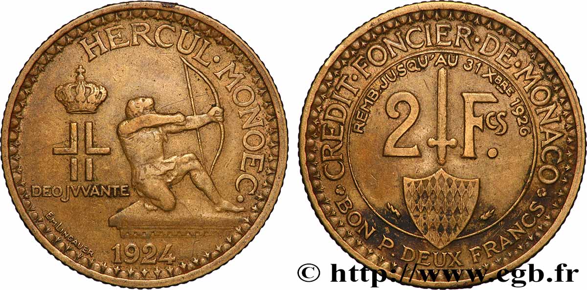 MONACO 2 Francs émission du Crédit Foncier de Monaco 1924 Poissy XF