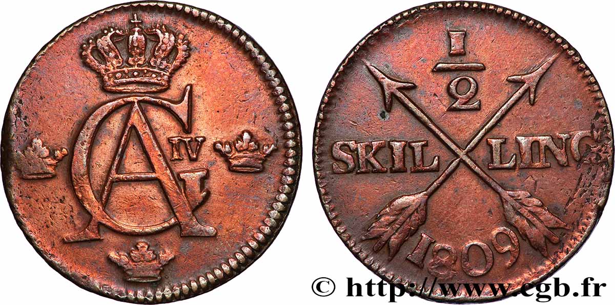 SCHWEDEN 1/2 Skilling Gustave IV Adolphe 1809 Kungsholmen fSS