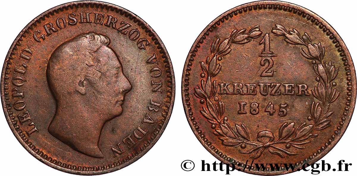 DEUTSCHLAND - BADEN 1/2 Kreuzer Léopold 1845 S
