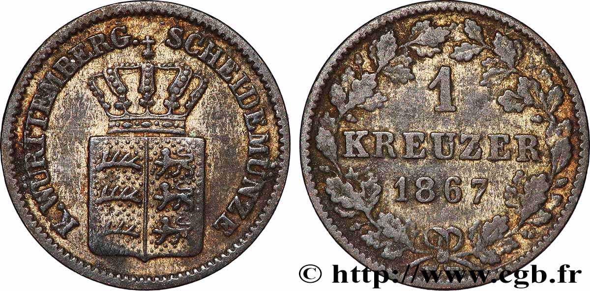 DEUTSCHLAND - WÜRTTEMBERG 1 Kreuzer Charles Ier 1867 Stuttgart fVZ