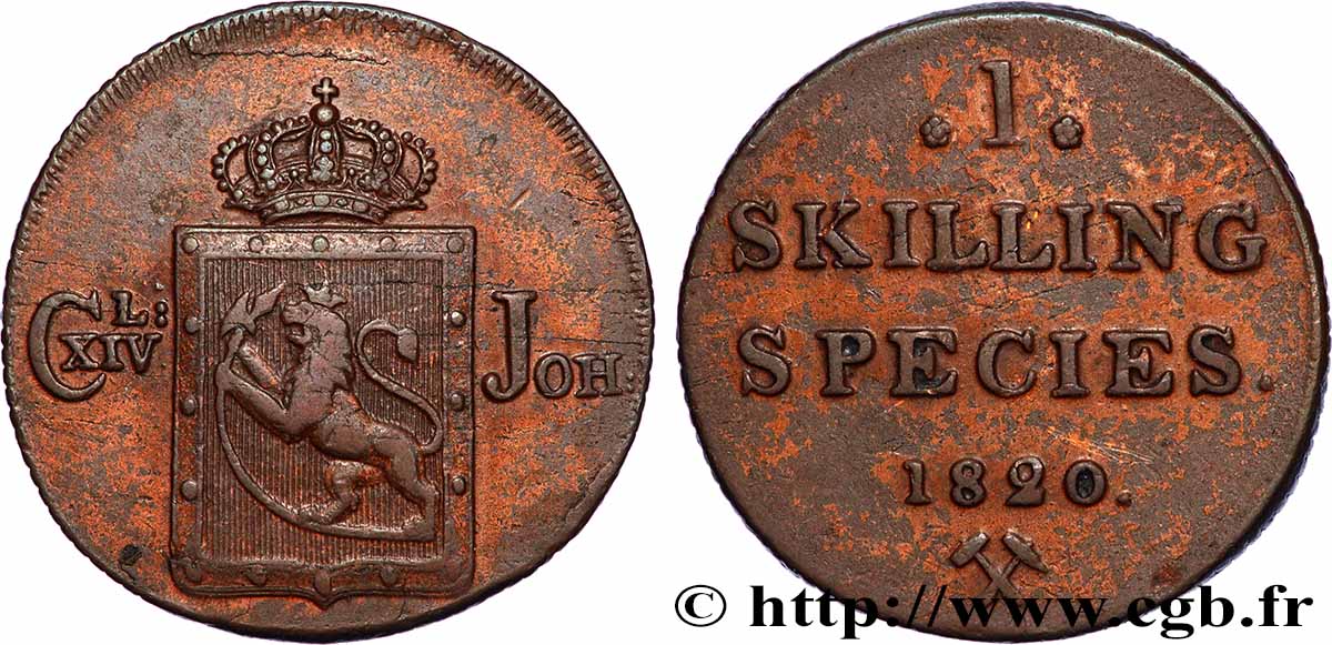 NORWAY 1 Skilling au nom de Charles XIV roi de Suède 1820 Kongsberg VF