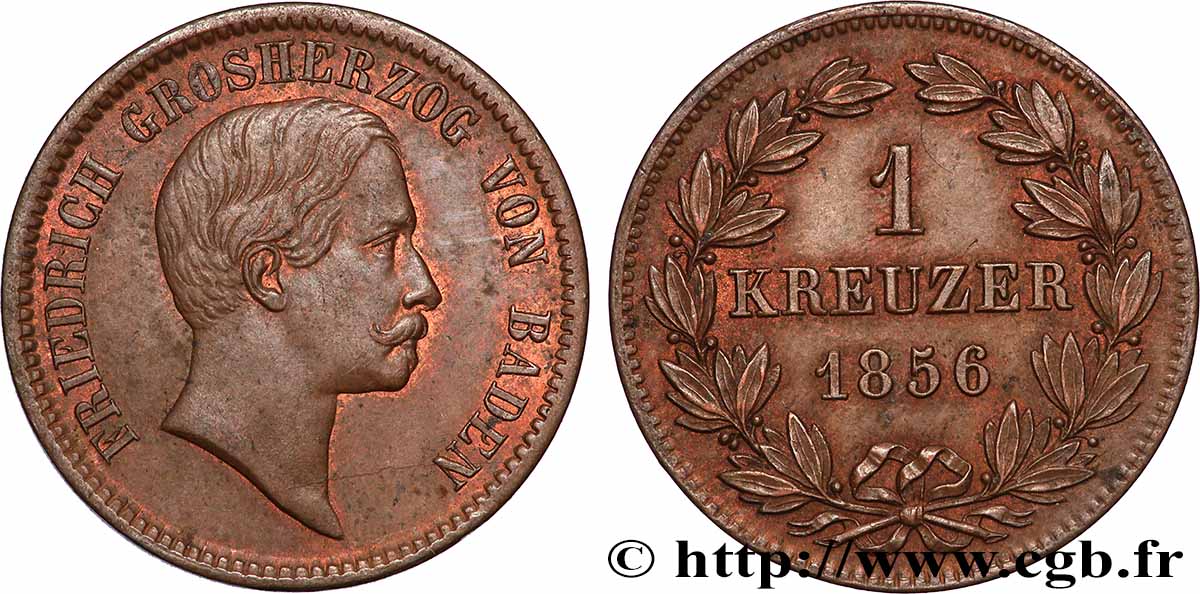 ALLEMAGNE - BADE 1 Kreuzer Frédéric de Bade 1856 Karlsruhe TTB+/SUP