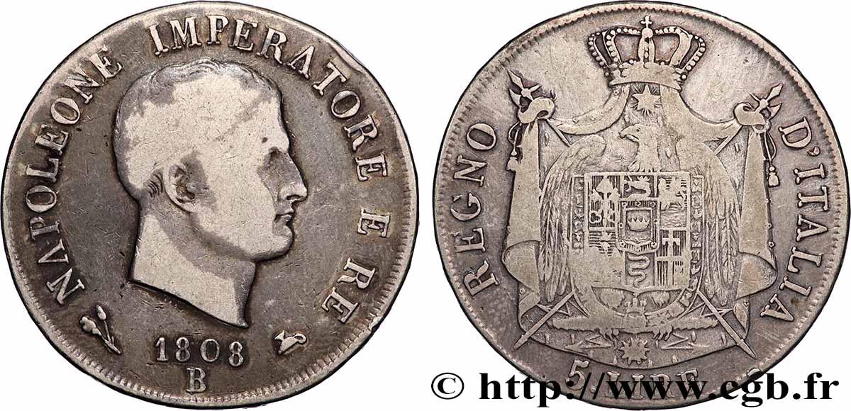 ITALY - KINGDOM OF ITALY - NAPOLEON I 5 Lire 1808 Bologne VF