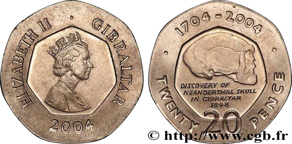 GIBRALTAR 20 Pence Elisabeth II / tricentenaire de l’occupation Britannique 1704-2004, crâne de l’homme du néanderthal découvert en 1848 2004 Llantrisant MS