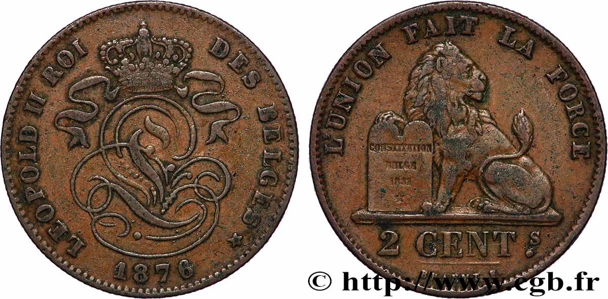 BELGIUM 2 Centimes Léopold II 1876 Bruxelles XF