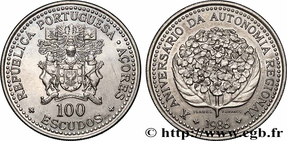 AÇORES 100 Escudos 10e anniversaire de l’autonomie régionale des Açores 1986 Lisbonne SUP