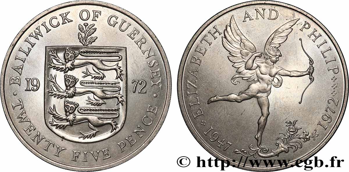 GUERNSEY 25 Pence 25 ans de mariage Elisabeth II et Philip 1972 AU