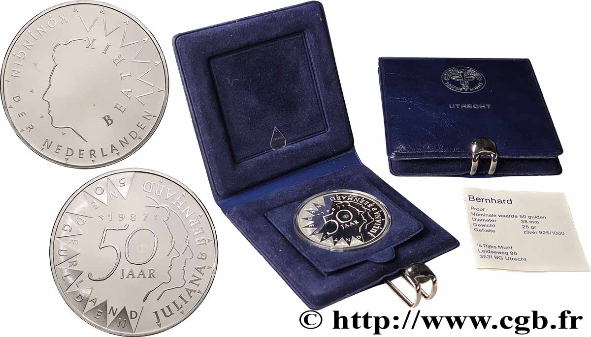 NETHERLANDS 50 Gulden Proof 50e anniversaire de mariage de la reine-mère Juliana et du prince Bernhard 1987 Utrecht Proof set
