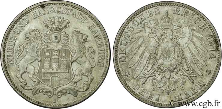 GERMANY - HAMBURG FREE CITY 3 Mark blason de Hambourg / aigle 1914 Hambourg - J AU
