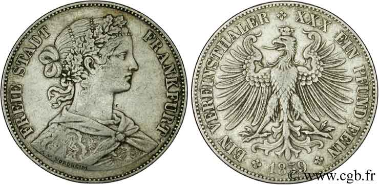 ALLEMAGNE - VILLE LIBRE DE FRANCFORT 1 Vereinsthaler buste de femmme / aigle 1859 Francfort TTB 