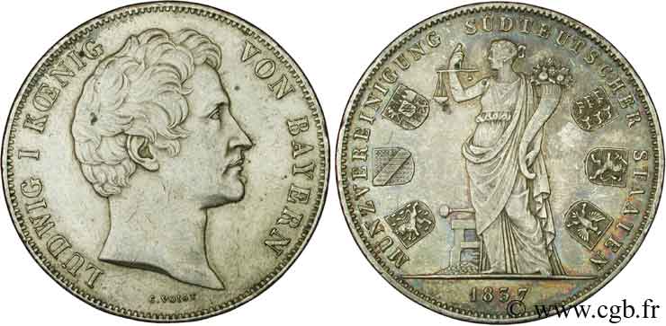ALLEMAGNE - BAVIÈRE 1 Thaler Louis Ier / union monétaire des six états 1837 Munich SUP 