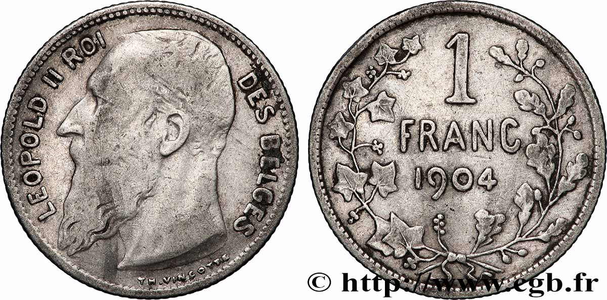 BELGIUM 1 Franc Léopold II légende en français 1904 Bruxelles VF