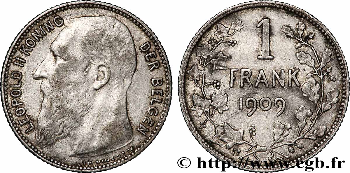BELGIUM 1 Frank (Franc) Léopold II légende flamande 1909 Bruxelles VF