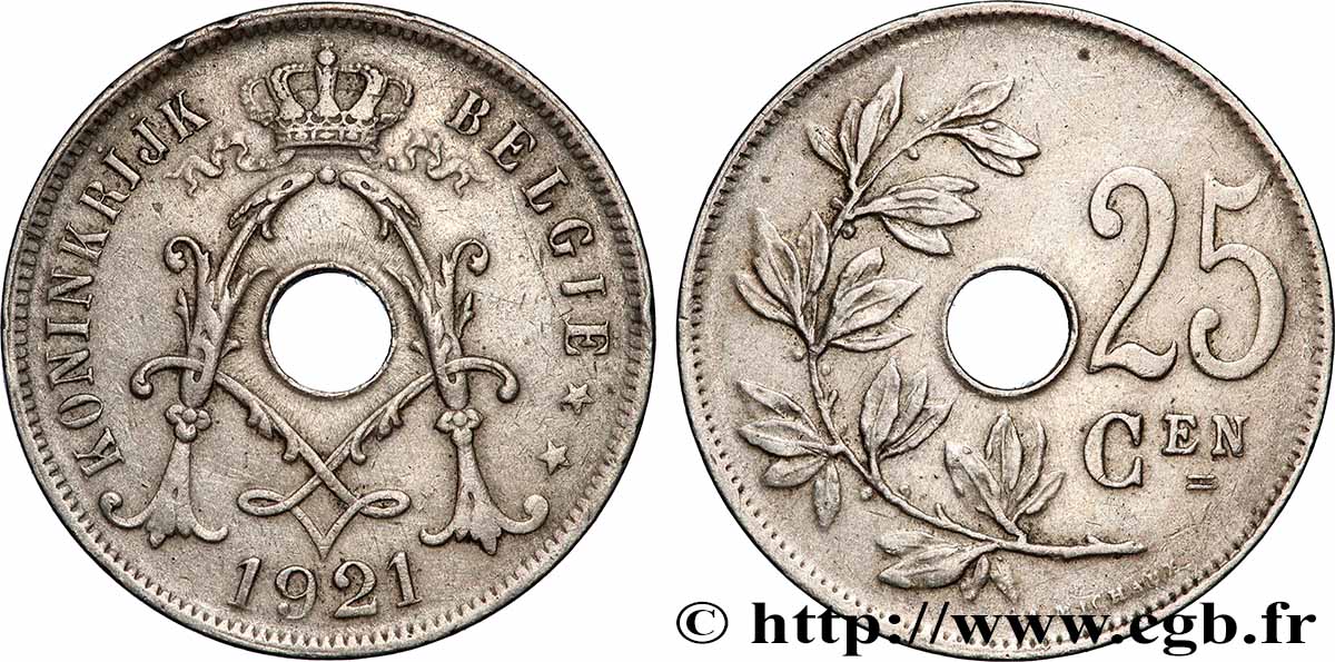 BELGIUM 25 Centiemen (Centimes) Albert Ier 1921 Bruxelles XF
