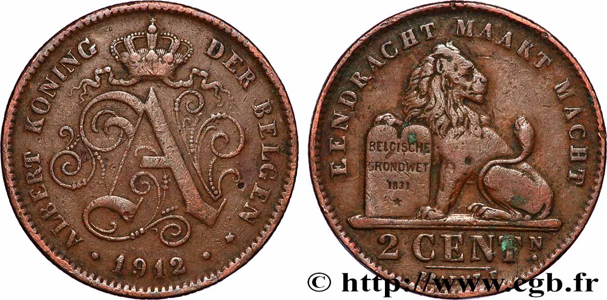 BELGIO 2 Centiemen (Centimes) Albert Ier légende flamande 1912 Bruxelles BB