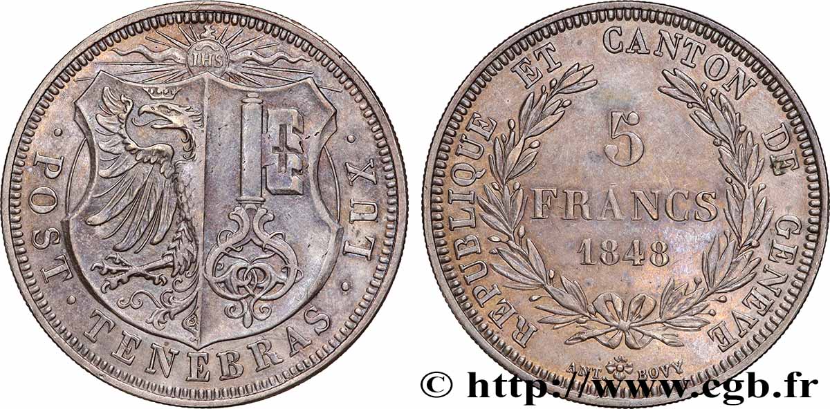 SUISSE - RÉPUBLIQUE DE GENÈVE 5 Francs 1848 TTB+