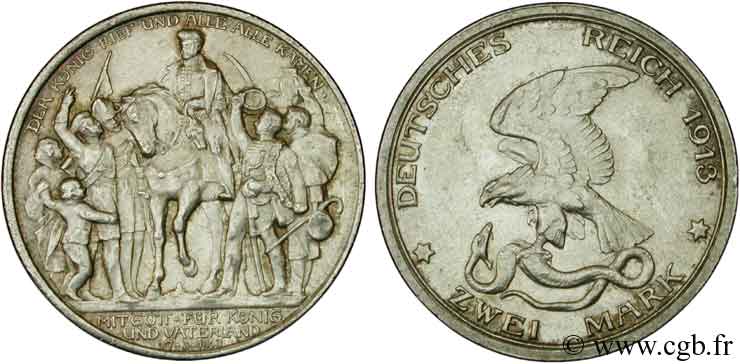 ALLEMAGNE - PRUSSE 2 Mark Royaume de Prusse 100e anniversaire défaite de Napoléon 1913 Berlin SPL 