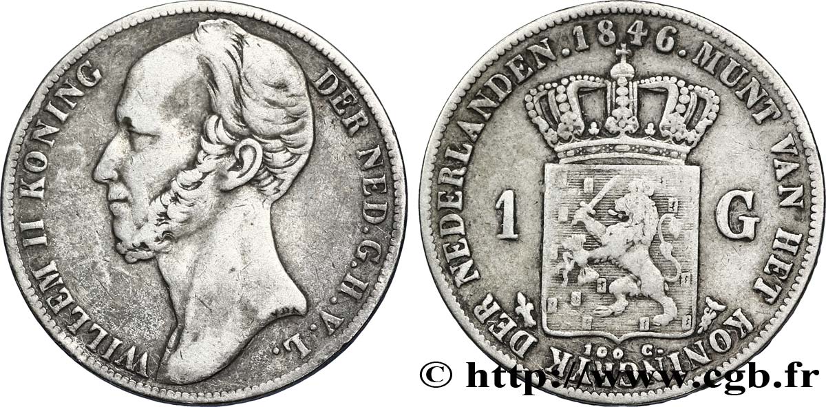PAYS-BAS 1 Gulden Guillaume II, différent fleur de lys 1846 Utrecht TB+ 