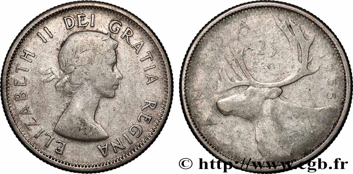 CANADA 25 Cents 1955 Ottawa VF