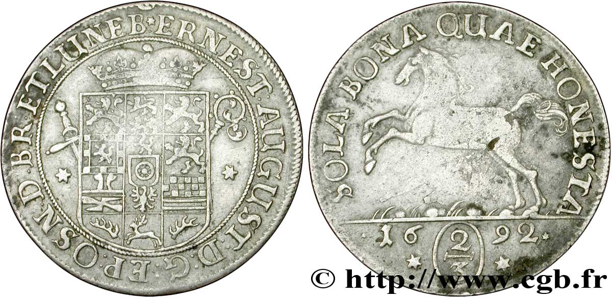ALLEMAGNE - BRUNSWICK-LUNEBOURG-CALENBERG 2/3 Thaler Duché de Brunswick-Lunebourg-Calenberg, frappe au cheval au nom de Ernest Auguste 1692  TTB 