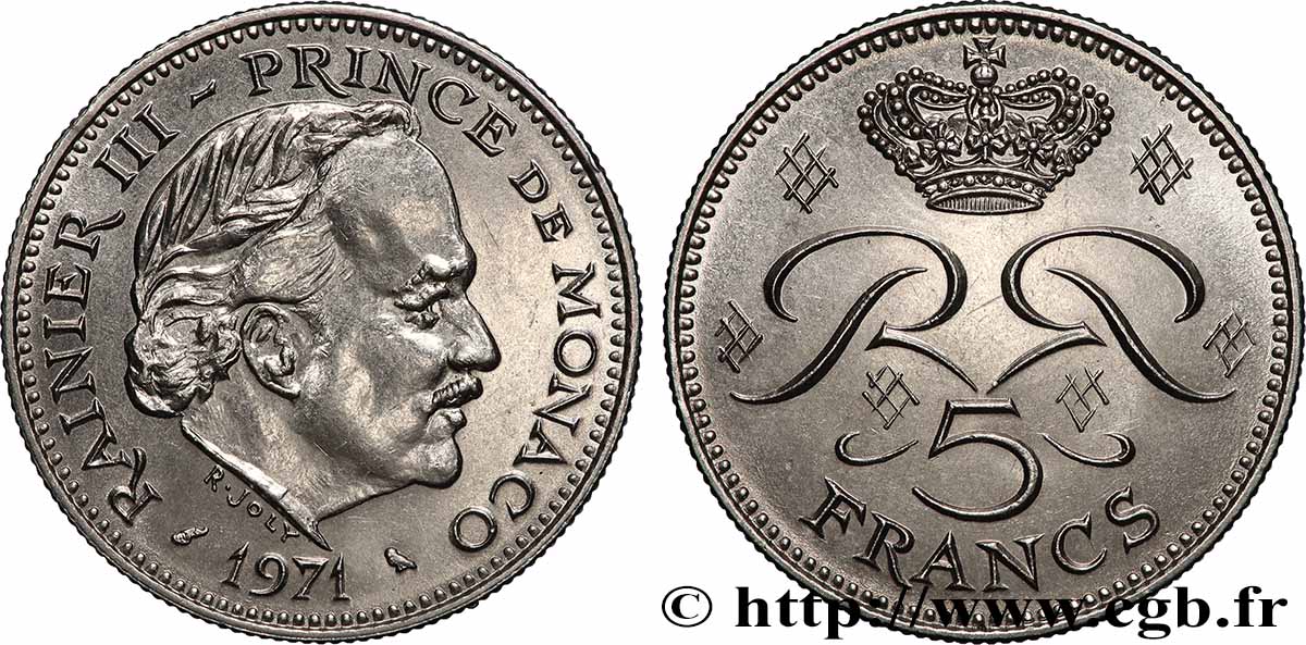 MONACO - PRINCIPAUTÉ DE MONACO - RAINIER III 5 Francs 1971 Paris SUP