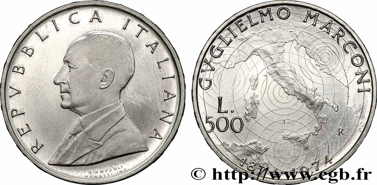 ITALIE 500 Lire Proof centenaire de la naissance de Gugielmo Marconi 1974 Rome SPL