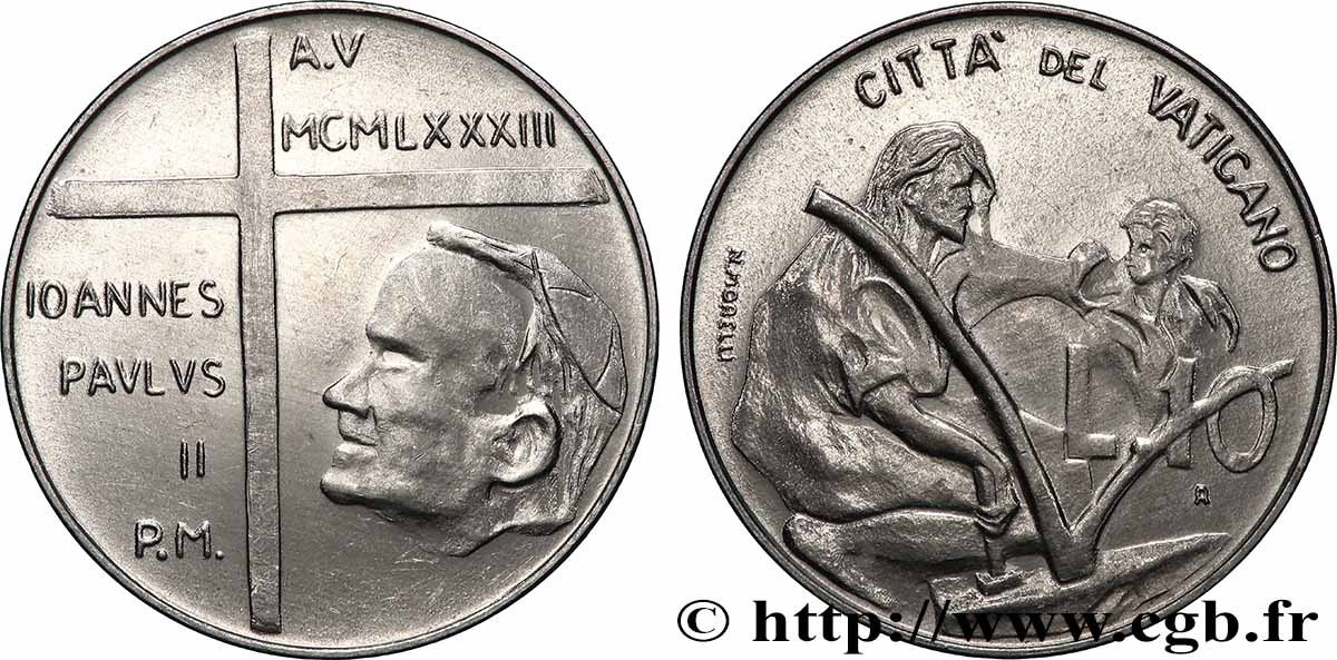 VATIKANSTAAT UND KIRCHENSTAAT 10 Lire Jean-Paul II an I / travail et apprentissage 1983 Rome fST