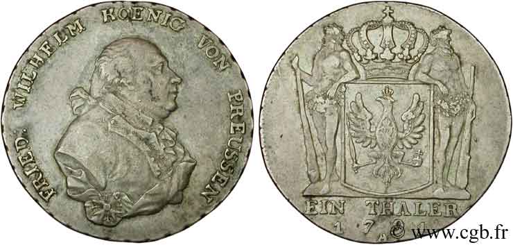 ALLEMAGNE - PRUSSE 1 Thaler Royaume de Prusse Frédéric Guillaume / blason à l’aigle encadré par deux Hercules 1791 Berlin TTB 