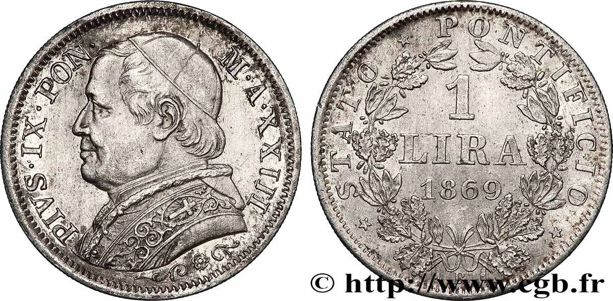 VATICAN ET ÉTATS PONTIFICAUX 1 Lira Pie IX an XXIII 1869 Rome SUP