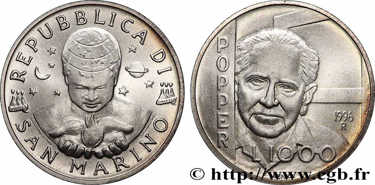 SAN MARINO 1000 Lire Karl R. Popper 1996 Rome VZ