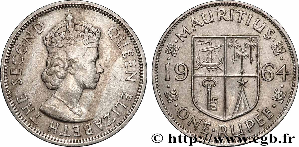 ÎLE MAURICE 1 Rupee (Roupie) roi Elisabeth II 1964 Londres TTB