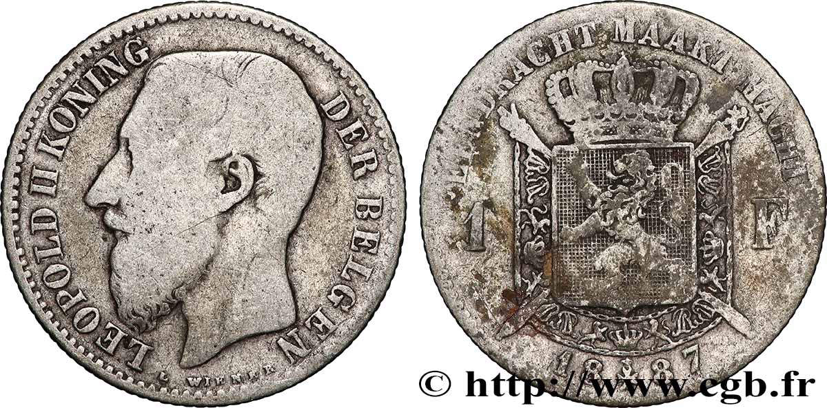 BELGIUM 1 Frank (Franc) Léopold II légende flamande 1887 Bruxelles VF