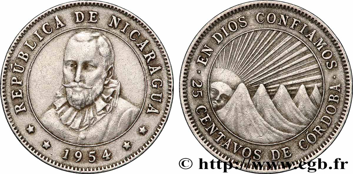 NIKARAGUA 25 Centavos Francisco Nunez de Cordoba 1954 fVZ