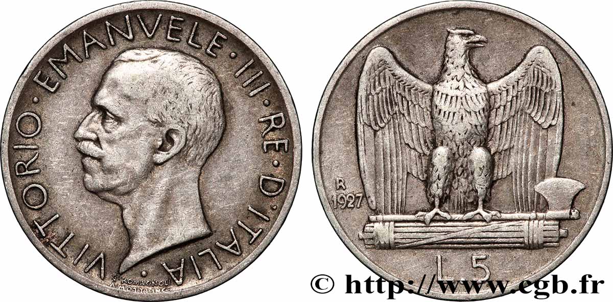 ITALIA 5 Lire Victor Emmanuel III 1927 Rome MBC