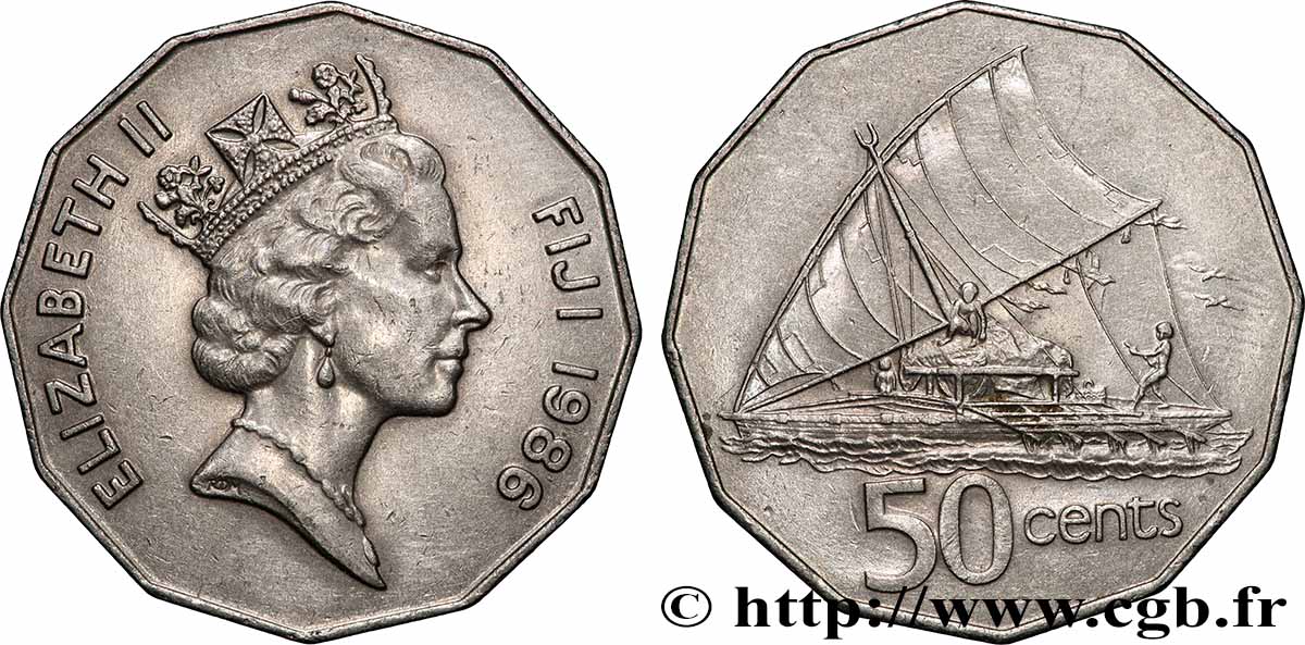FIJI 50 Cents Élisabeth II / Voilier traditionnel 1986 Canberra AU