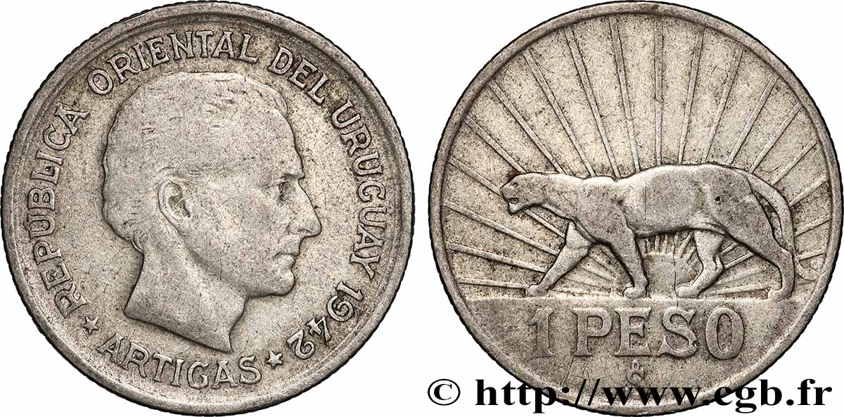 URUGUAY 1 Peso José Gervasio Artigas 1942 Santiago VF